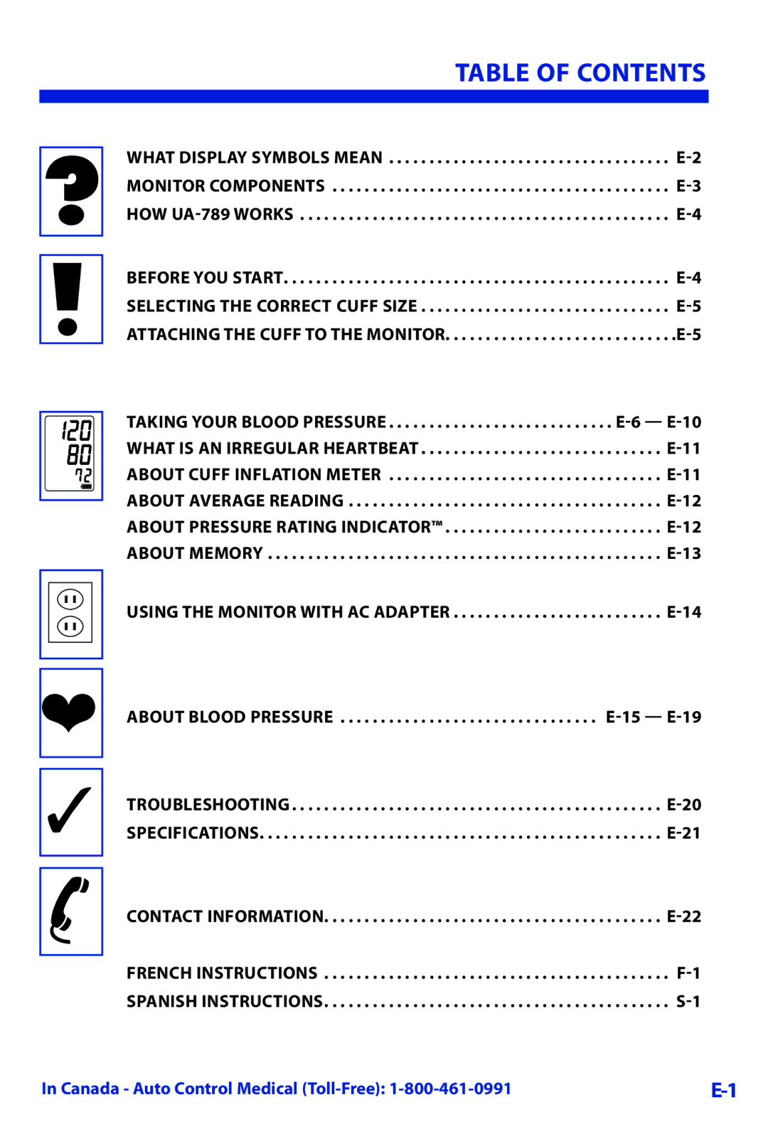 LifeSource UA-789 manual Table Of Contents 